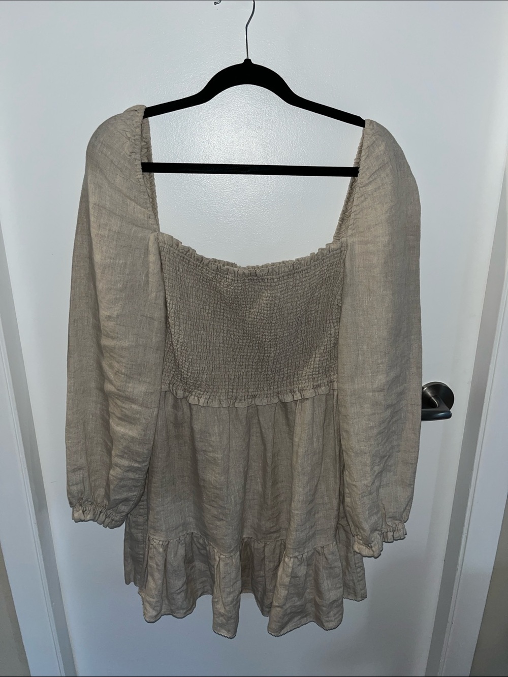 Wilfred Neutral Beige Smocked Linen-Blend  Dress